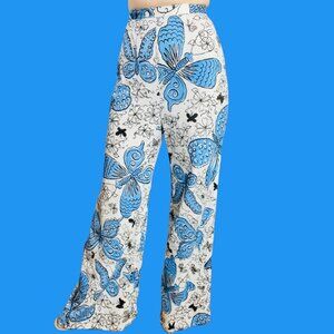 Vintage Handmade Y2K High Rise Blue Butterfly Print Flare Trousers Pants XS 25"